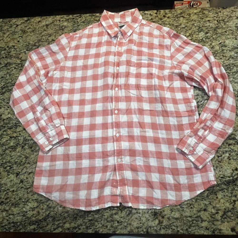 LL Bean Mens XL Regular Linen Shirt Long Sleeve Salmon Gingham Check‎